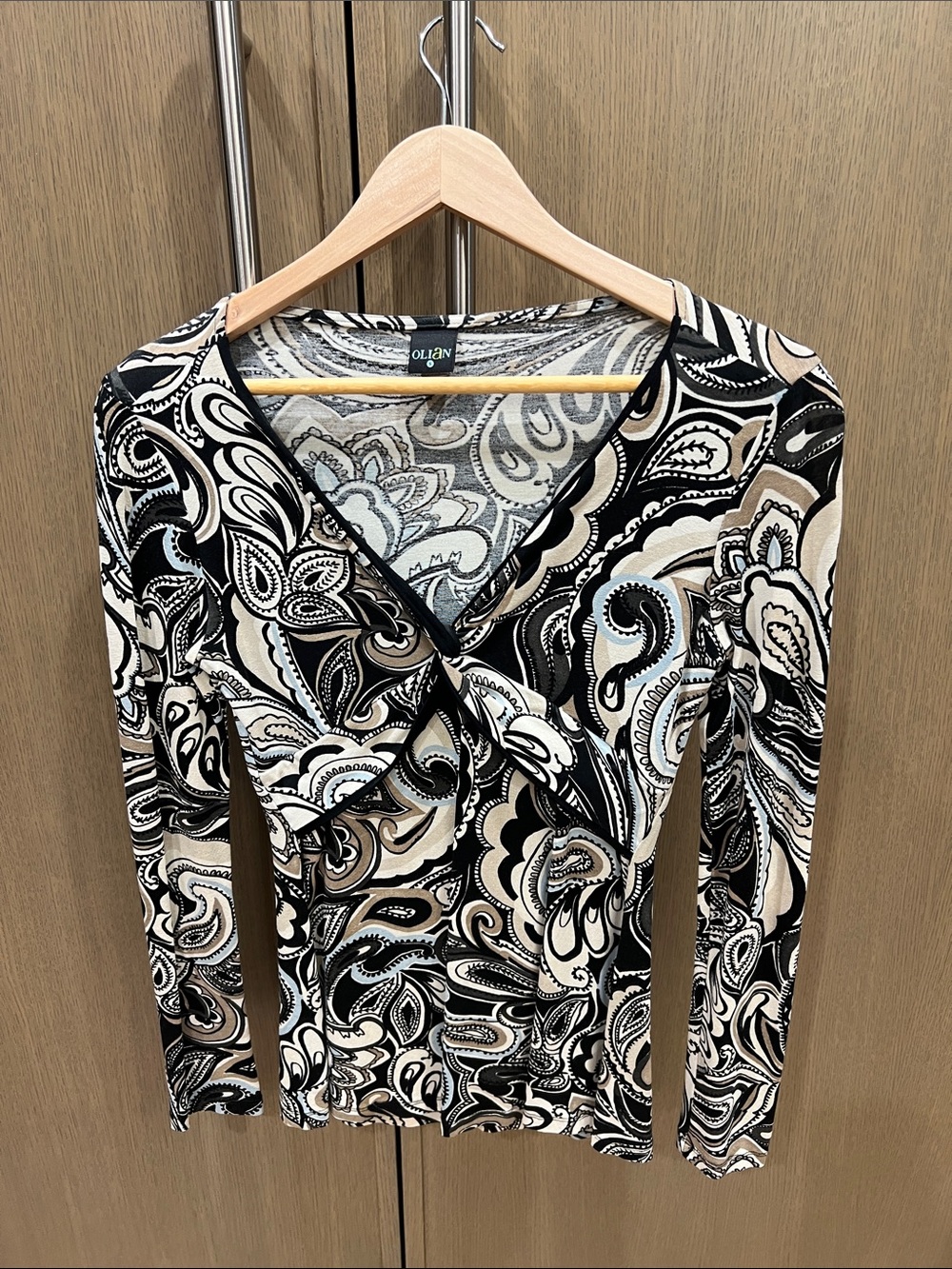 Olian Black, White & Beige Paisley Wrap-Style Blouse